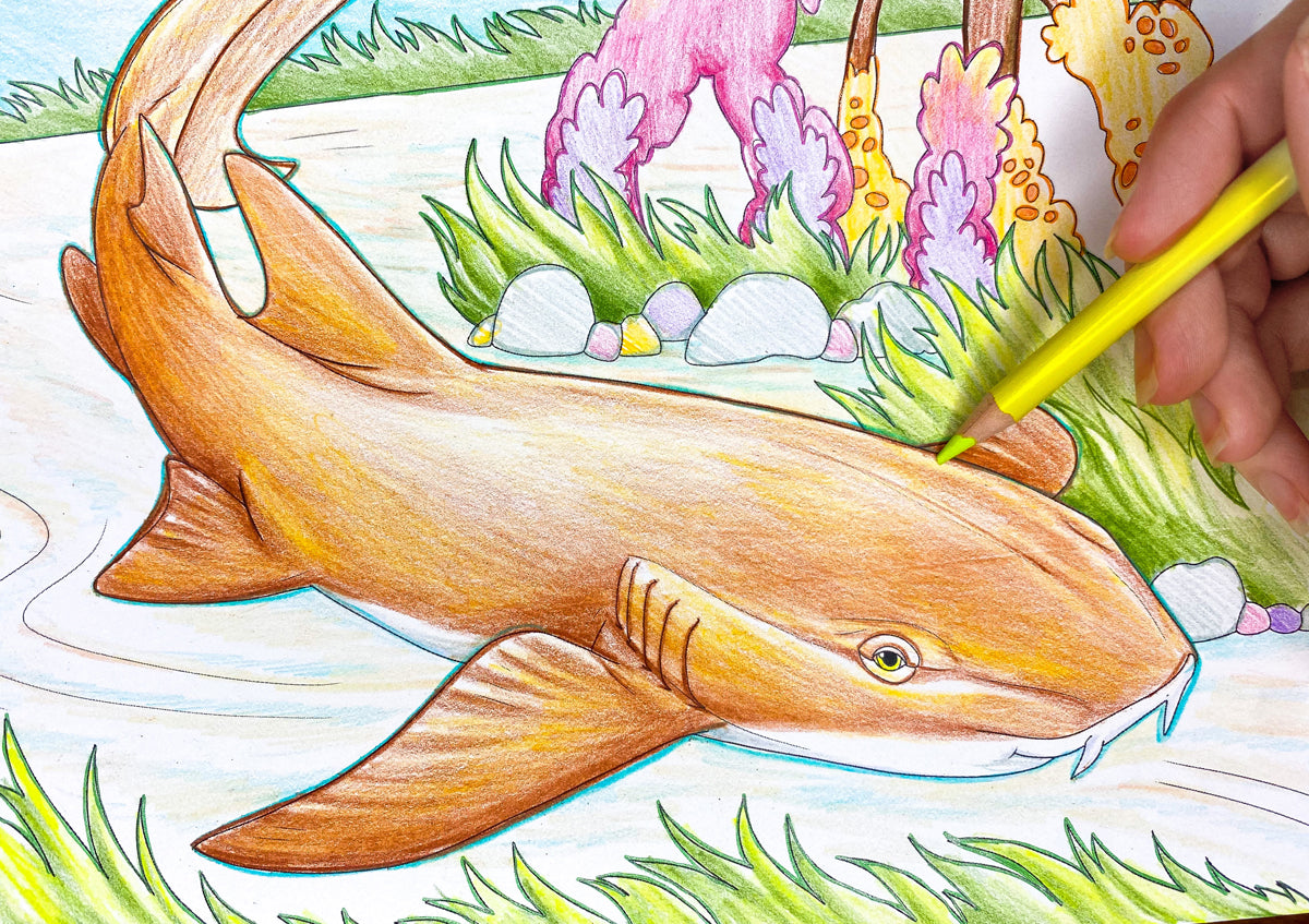 Coloring a nurse shark from the mangrove habitat section of the Florida's coastal waters coloring book. They at first glance appear brown, but on closer inspection, their skin is a vivid orange to rust color to help them camouflage in their habitat.